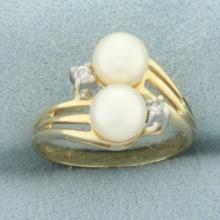 Cultured Akoya Pearl And Diamond Toi Et Moi Ring In 14k Yellow Gold