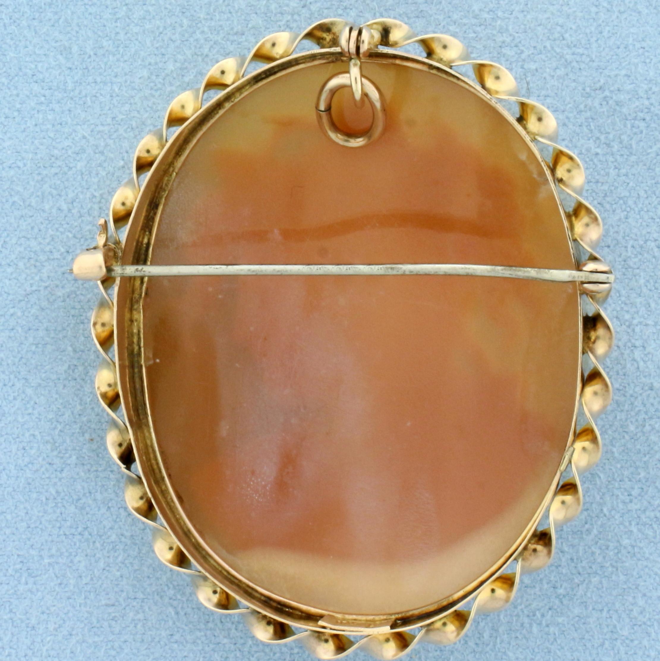 Large Vintage Shell Cameo Pin Or Pendant In 10k Yellow Gold
