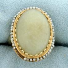 Antique Jade And Seed Pearl Ring In 14k Yellow Gold