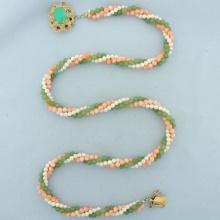 Jade, Pink Skin Coral, And Pearl Necklace In 14k Yellow Gold