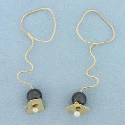 Custom Made Pearl Wire Dangle Earrings In 14k Yellow Gold
