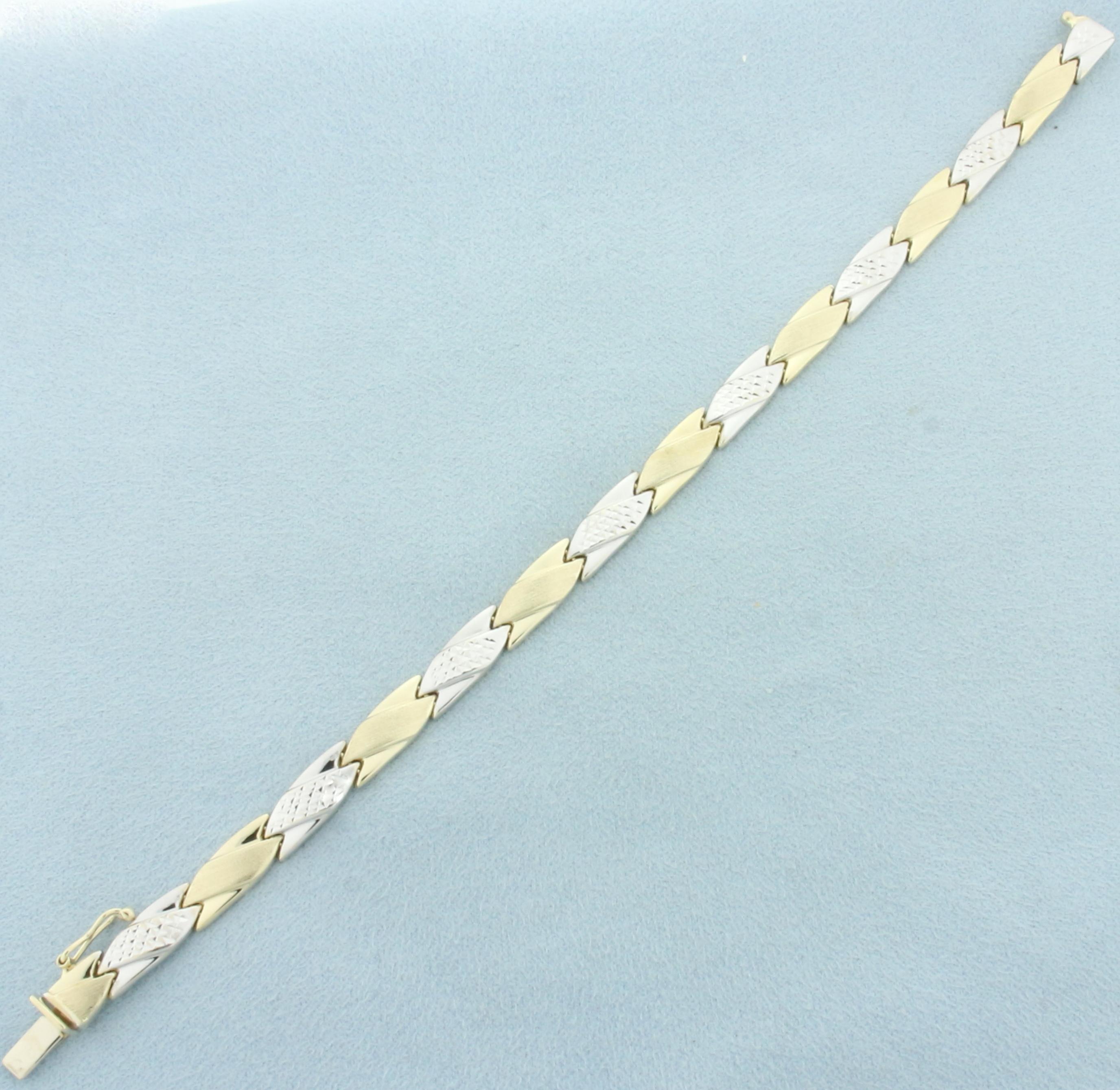 Two Tone Diamond Cut Designer Link Necklace In 14k Yellow And White Gold