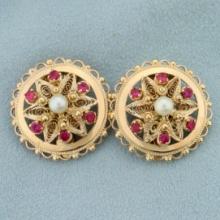 Vintage Ruby And Pearl Disc Clip On Earrings For In 14k Yellow Gold