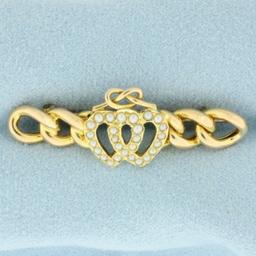 Antique 1894 Victorian Double Heart Seed Pearl Pin Brooch In 15k Yellow Gold