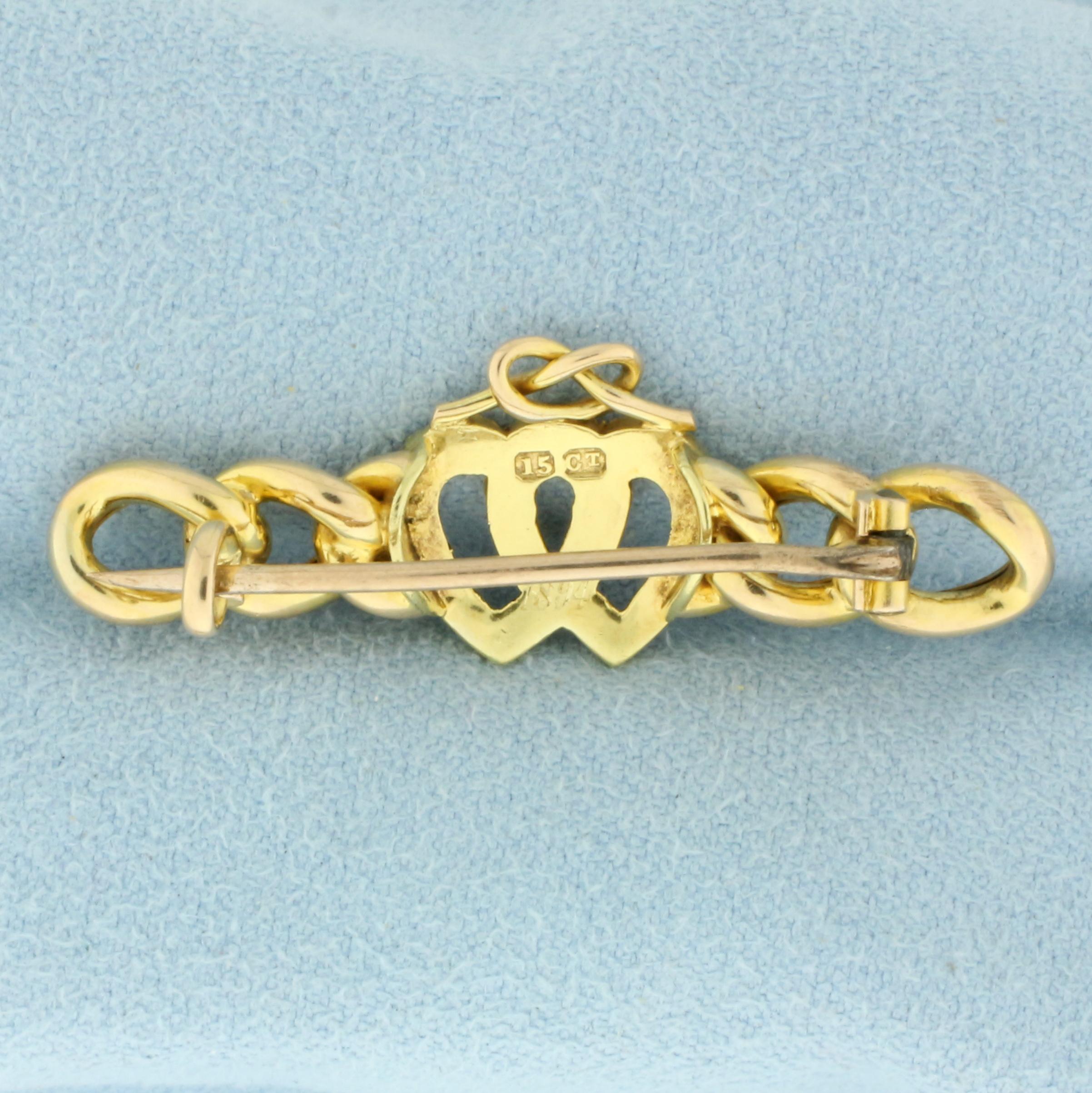 Antique 1894 Victorian Double Heart Seed Pearl Pin Brooch In 15k Yellow Gold