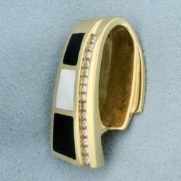 Diamond, Mother Of Pearl, And Onyx Pendant Or Slide In 14k Yellow Gold