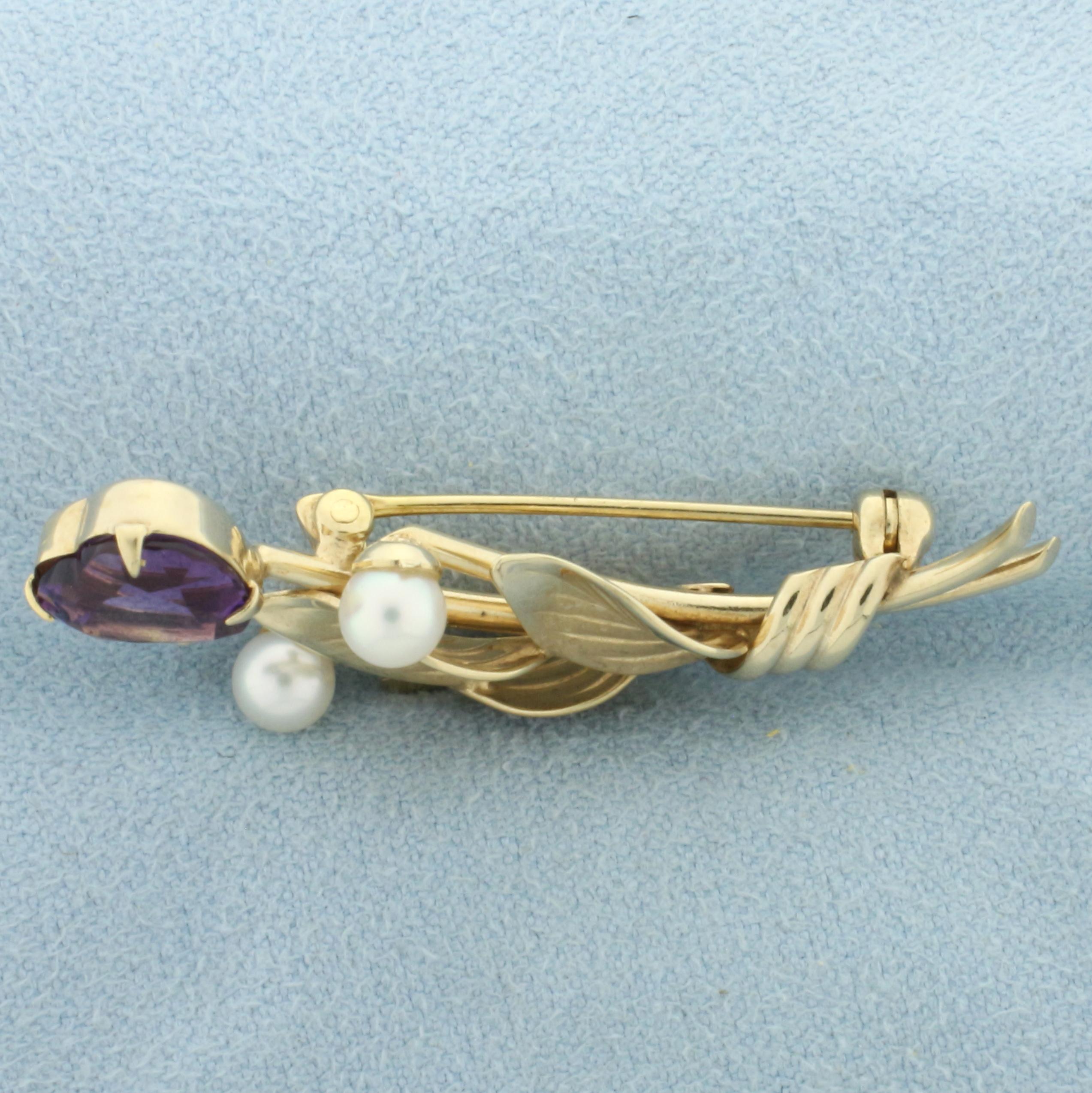 Designer Harry S. Bick Hsb Amethyst And Pearl Flower Pin Brooch In 14k Yellow Gold