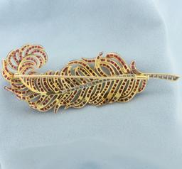 Ruby And Diamond Feather Brooch In 18k Yellow Gold