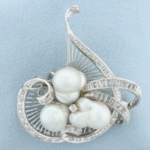 Diamond And Baroque Pearl Pendant Brooch Pin In 14k White Gold