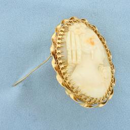 Large Vintage Cameo Pin Or Pendant In 14k Yellow Gold