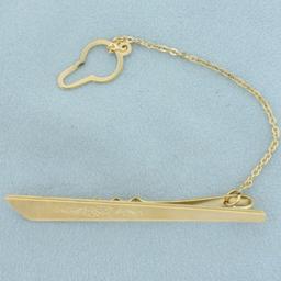 Vintage Engraved Tie Bar Clip With Chain In 18k Yellow Gold