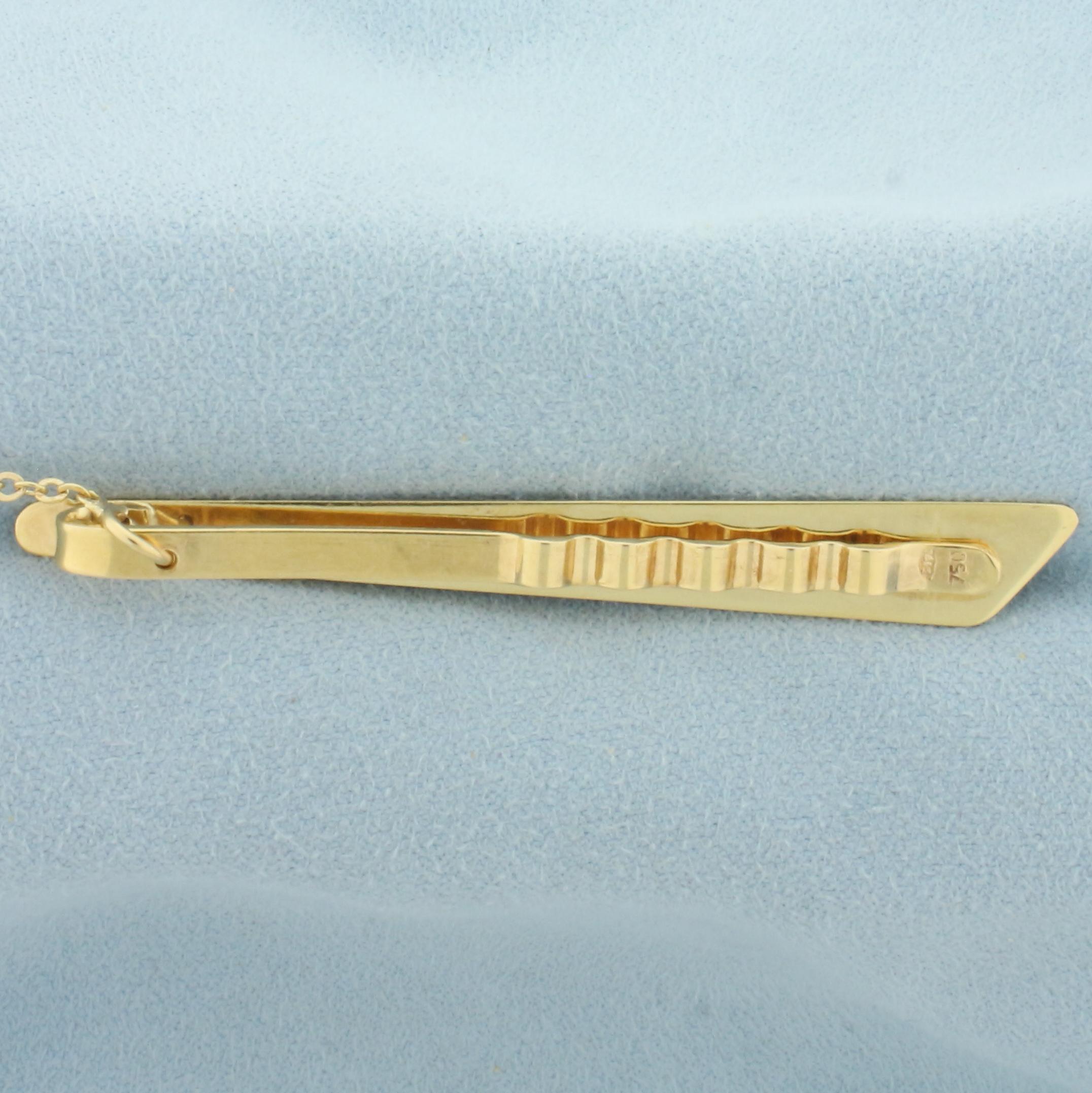 Vintage Engraved Tie Bar Clip With Chain In 18k Yellow Gold