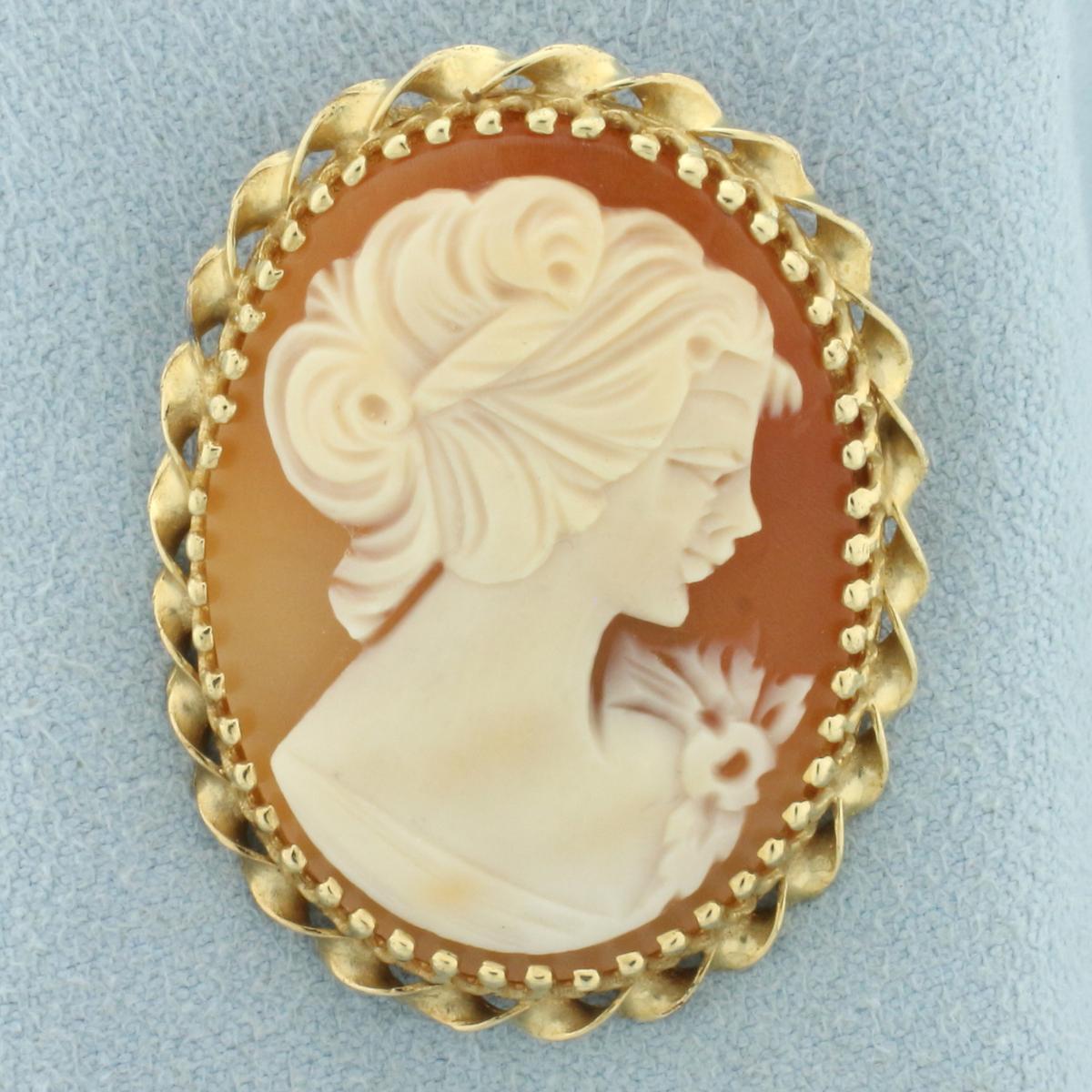 Carved Shell Right Facing Cameo Pendant Brooch Pin In 14k Yellow Gold