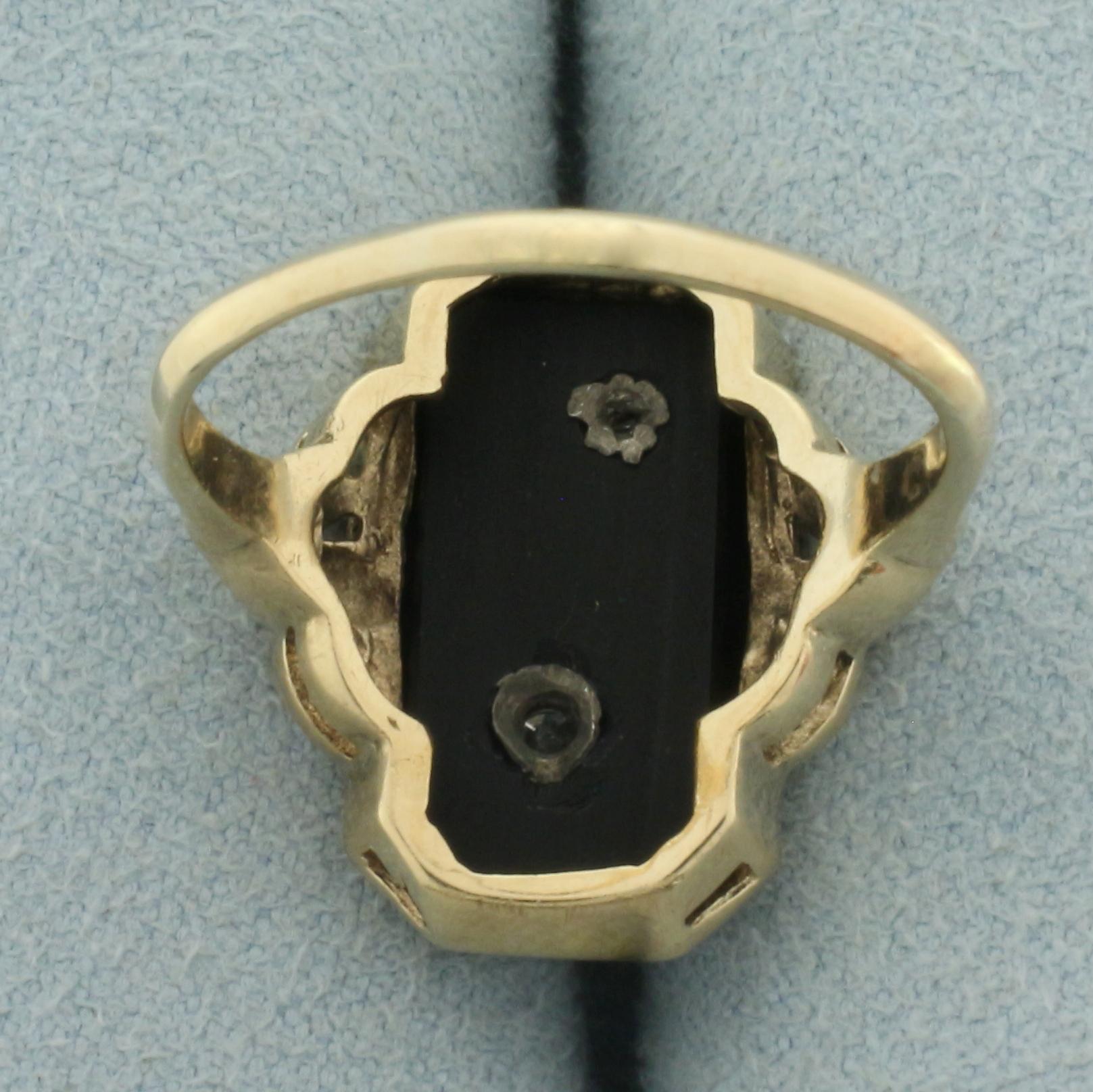 Antique Flower Etched Onyx And Diamond Ring In 10k Yellow Gold