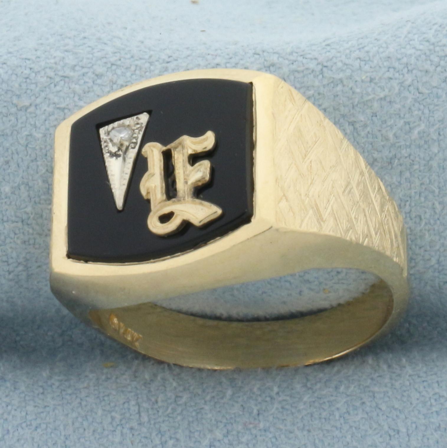 Vintage Mens Diamond E Or F Initial Monogram Ring In 14k Yellow Gold