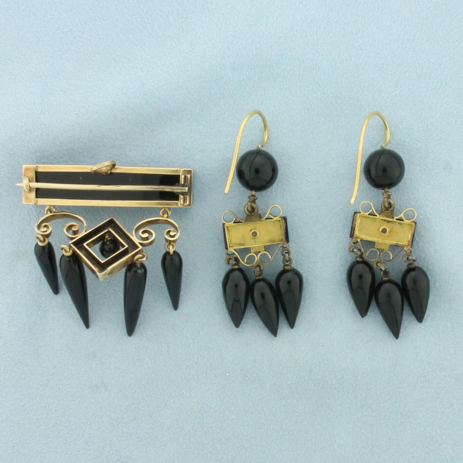 Antique Victorian Black Onyx Earrings And Brooch/pendant Set In 14k Yellow Gold