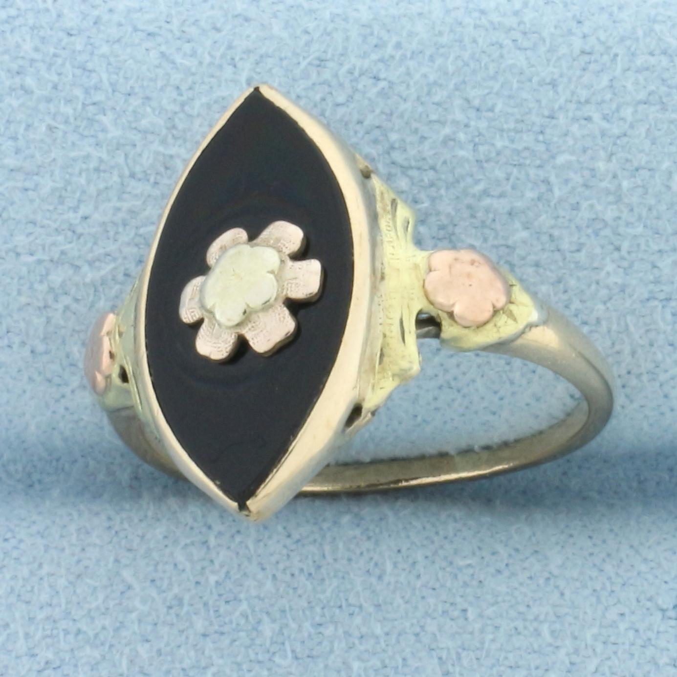 Vintage Onyx Tri-color Gold Flower Ring In 10k Yellow, Green, And Rose Gold