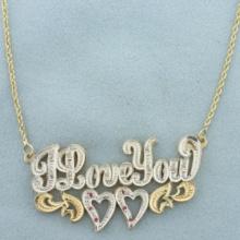 Diamond And Ruby "i Love You" Necklace In 14k Yellow And White Gold