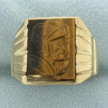 Mens Carved Roman Soldier Tiger's Eye Ring In 10k Yellow Gold