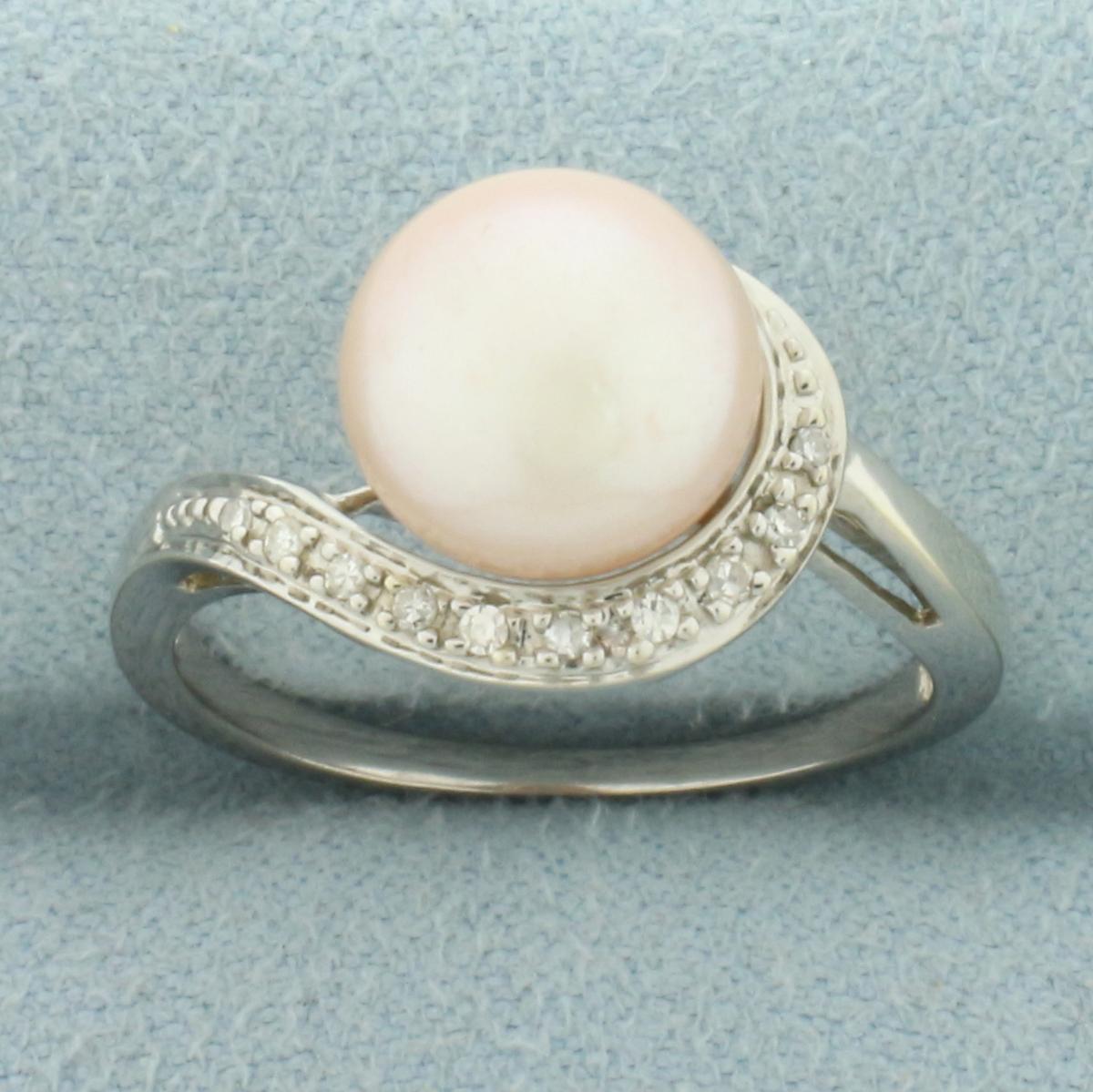 Pink Cultured Button Pearl And Diamond Ring In 10k White Gold