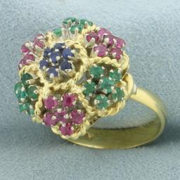 Italian Sapphire Ruby And Emerald Flower Ring In 18k Yellow Gold