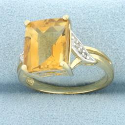 Checkerboard Cut Citrine And Diamond Ring In 10k Yellow Gold
