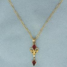Vintage Synthetic Ruby And Seed Pearl Necklace In 10k Yellow Gold