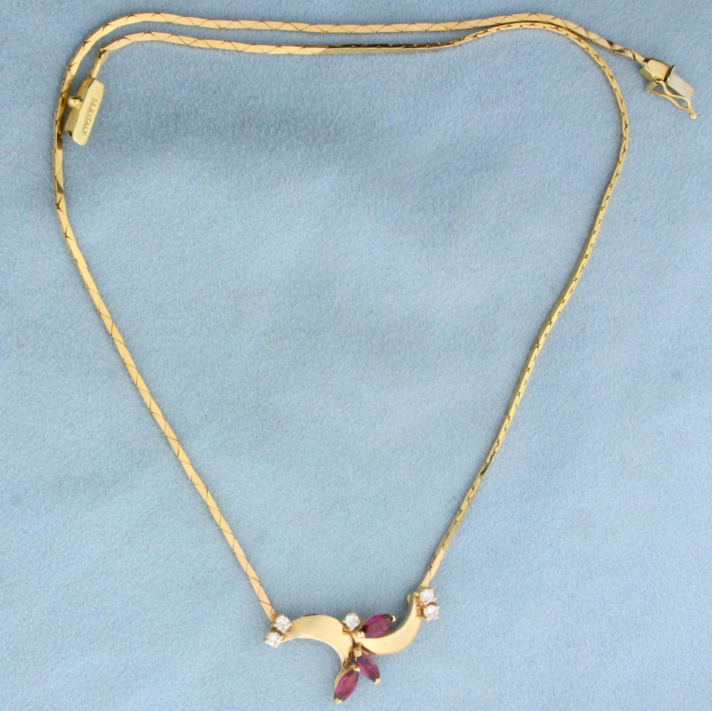 Italian Made Ruby And Diamond Necklace In 14k Yellow Gold