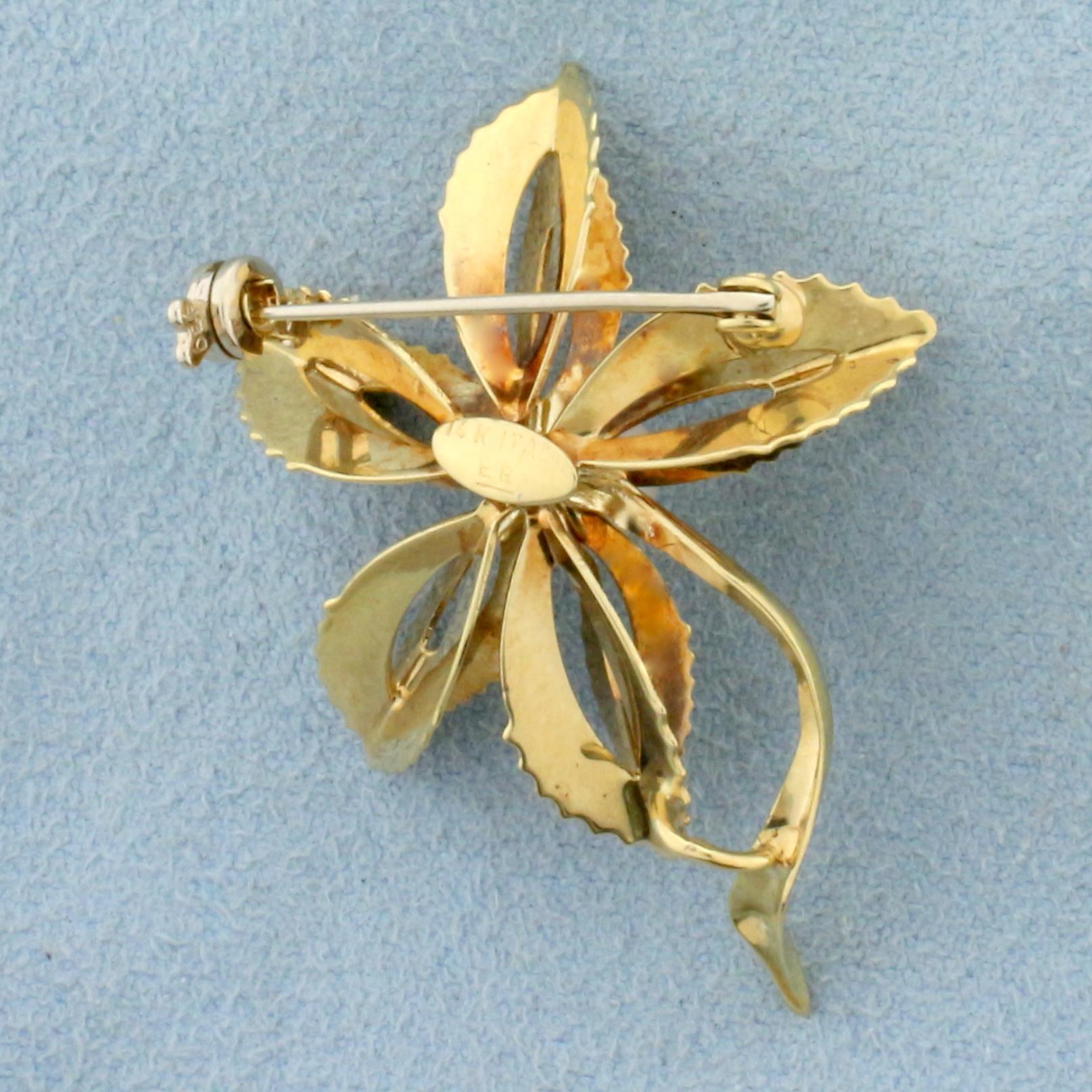Italian Made Pearl Flower Pin In 14k Yellow Gold