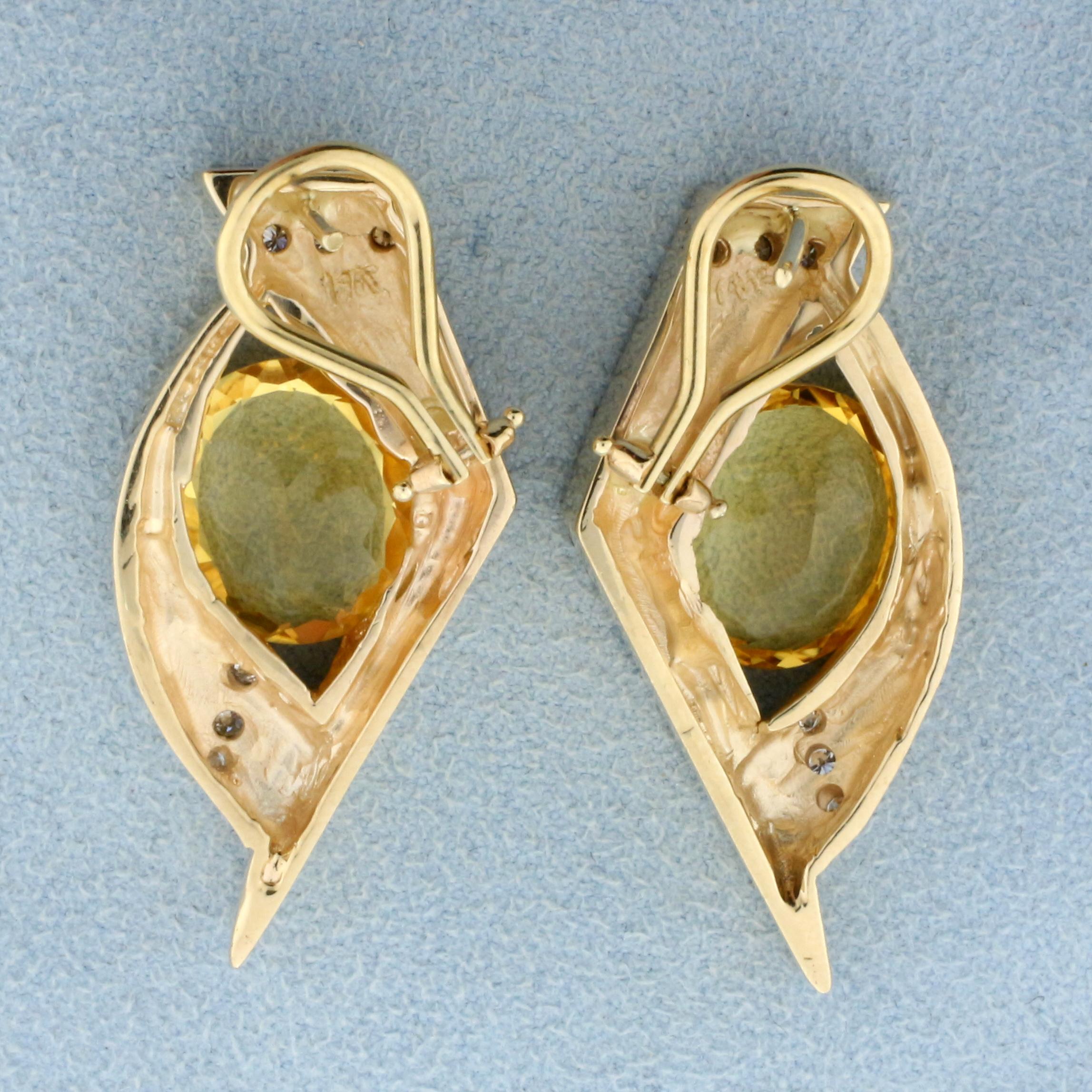 Large Abstract Design Citrine And Diamond Earrings In 14k Yellow Gold