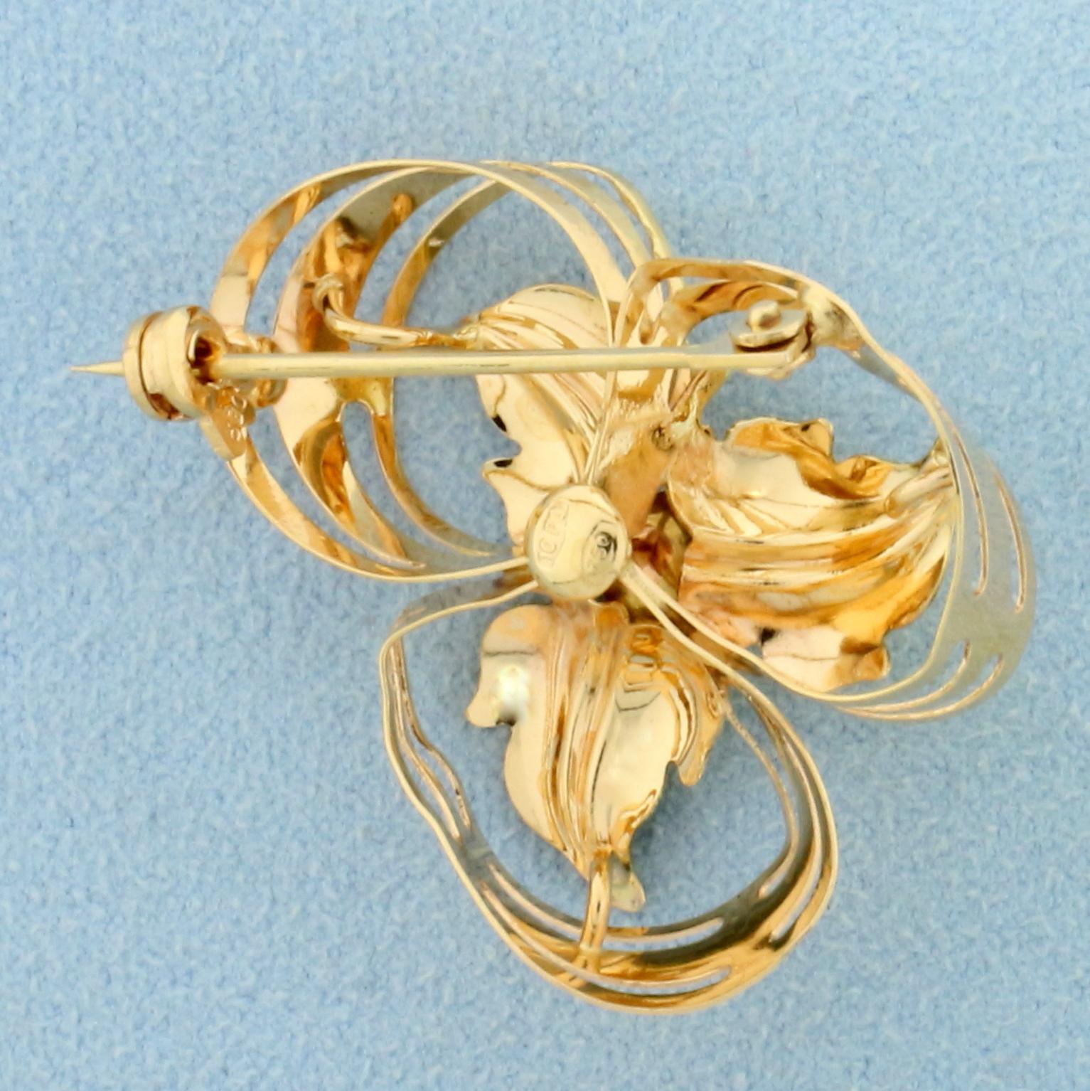 Hand Crafted Custom Design Pearl Leaf Pin In 18k Yellow And Rose Gold