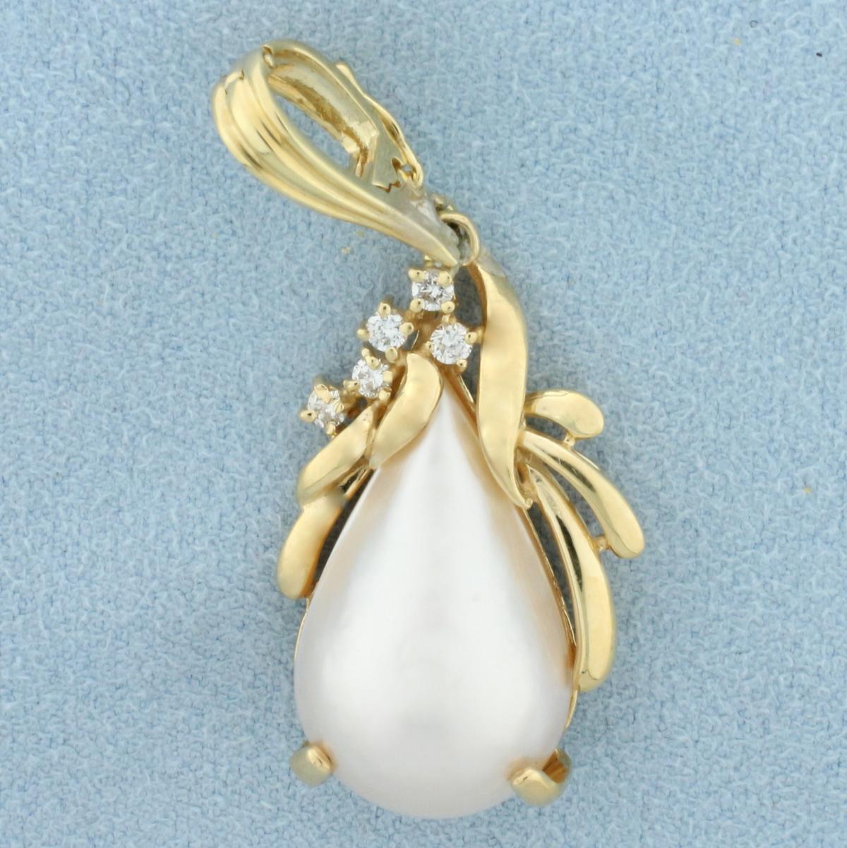 Teardrop Mabe Pearl And Diamond Pendant In 14k Yellow Gold