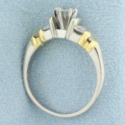 Round And Baguette Diamond Engagement Ring In 14k Yellow And White Gold