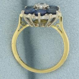 Vintage Sapphire And Diamond Flower Design Ring In 18k Yellow Gold