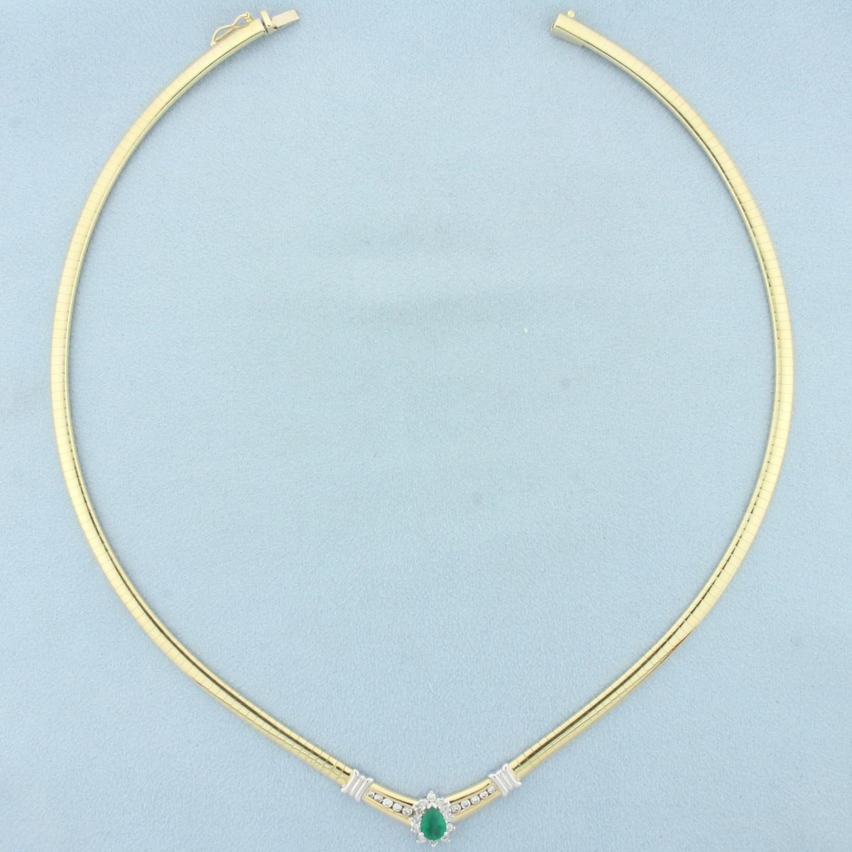 Emerald And Diamond Omega Necklace In 14k Yellow Gold