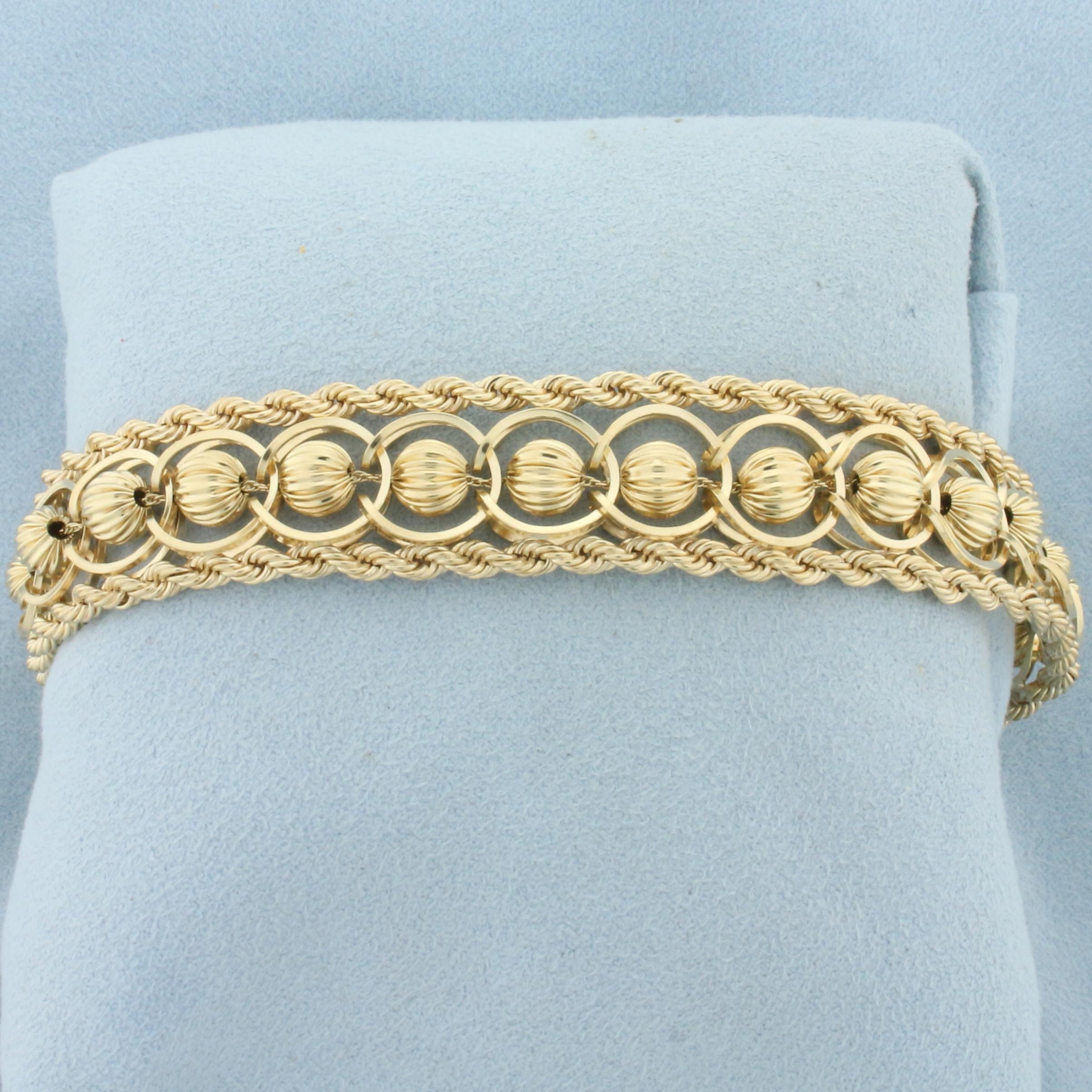 Designer Rope And Scalloped Bead Charm Bracelet In 14k Yellow Gold