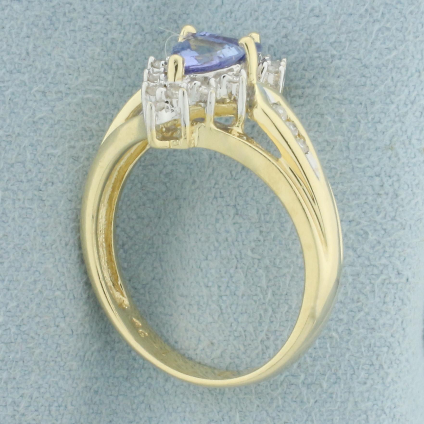 Unique Tanzanite And Diamond Ring In 14k Yellow Gold