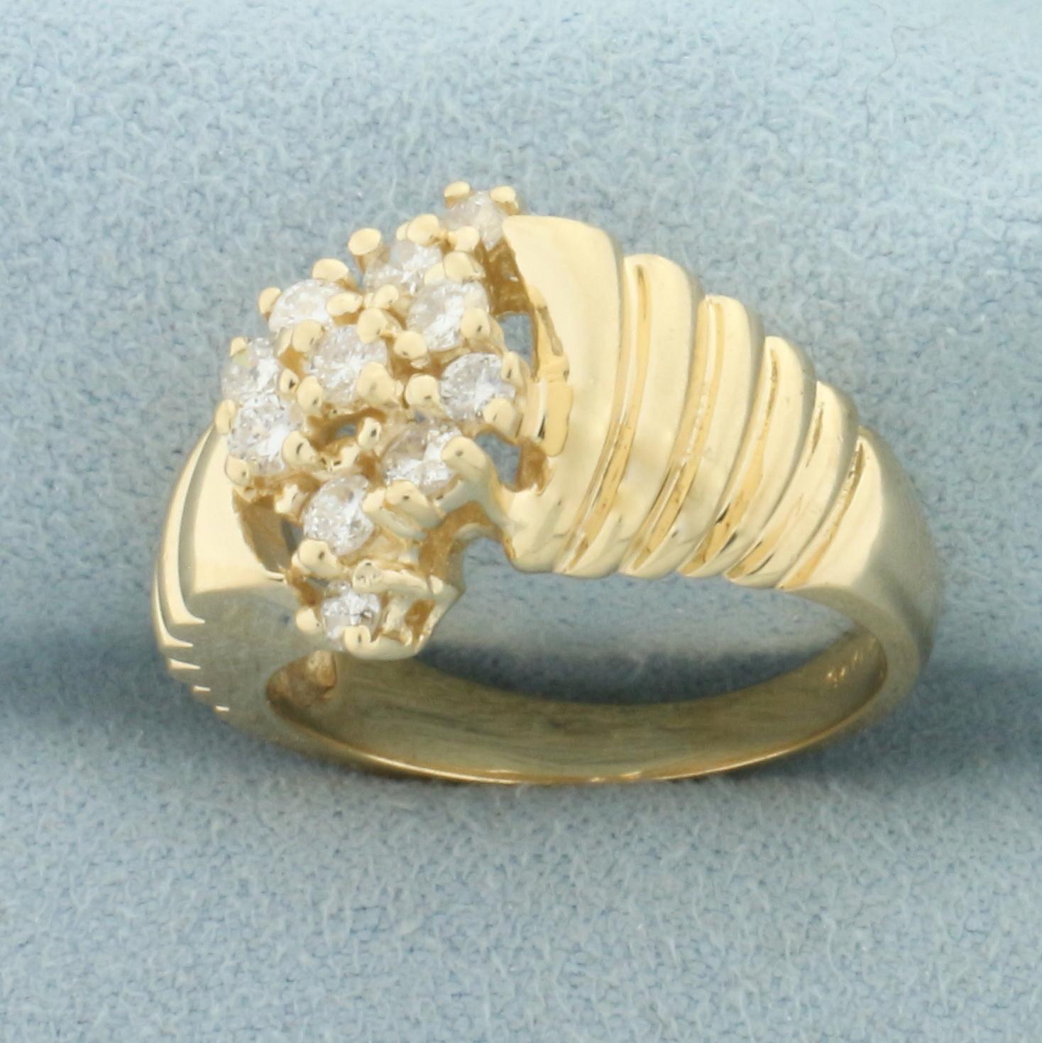 Scalloped Sides Cluster Diamond Ring In 14k Yellow Gold