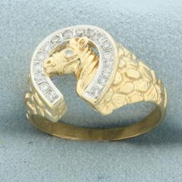 Diamond Horse And Horseshoe Nugget Ring In 14k Yellow Gold