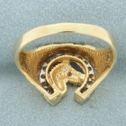 Diamond Horse And Horseshoe Nugget Ring In 14k Yellow Gold