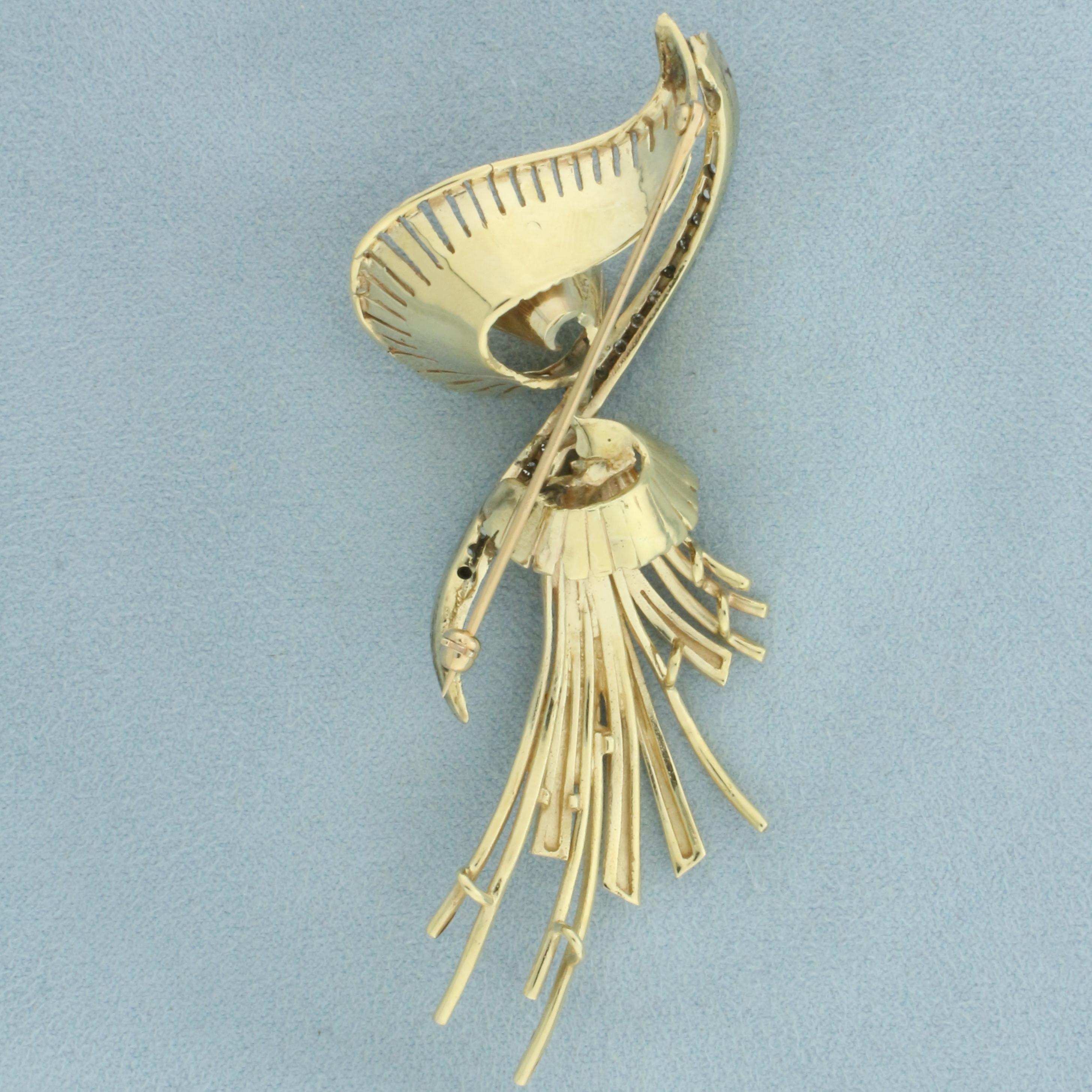 Diamond Tassel And Spiral Design Brooch In 14k Yellow Gold