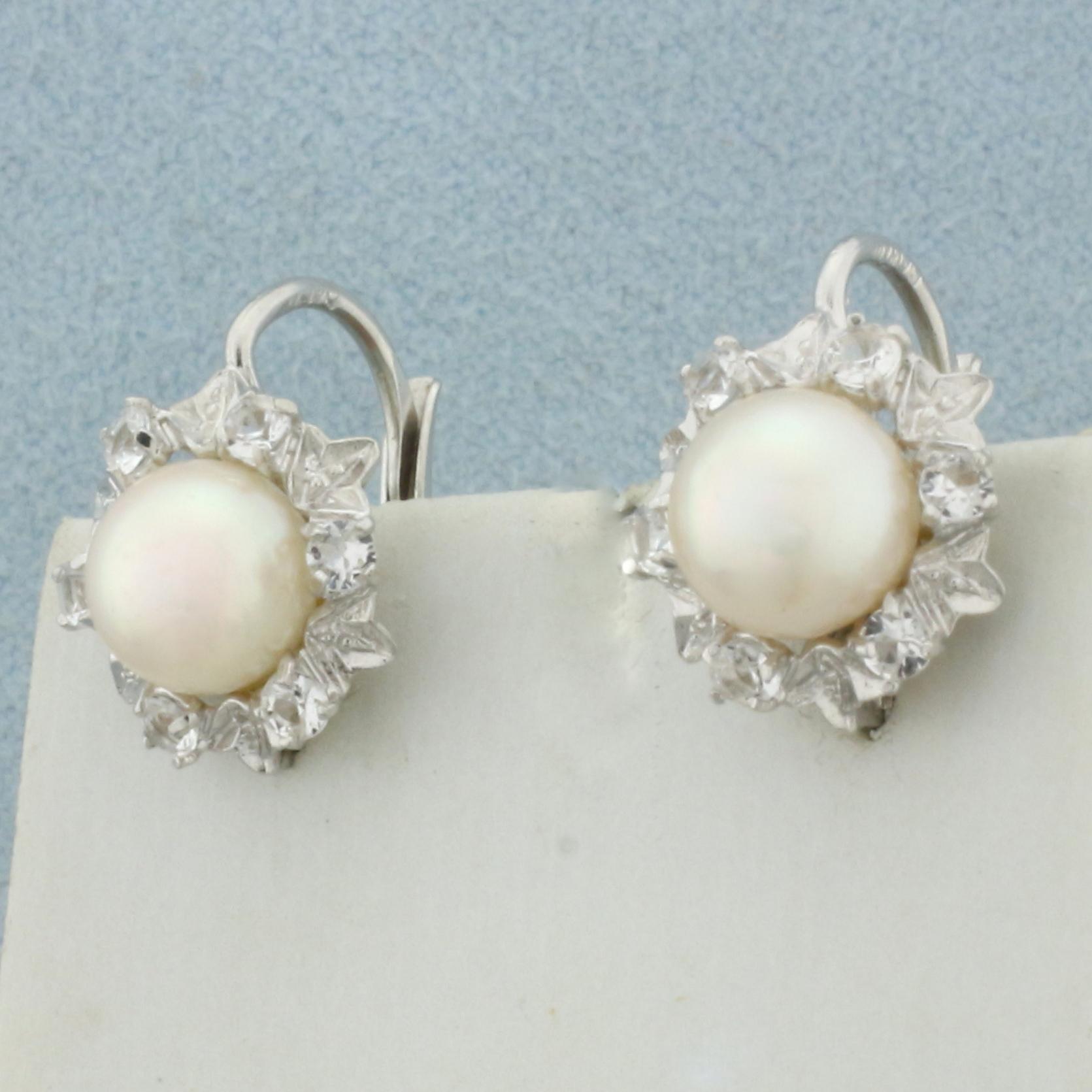 Cultured Pearl And Cz Earrings In 14k White Gold