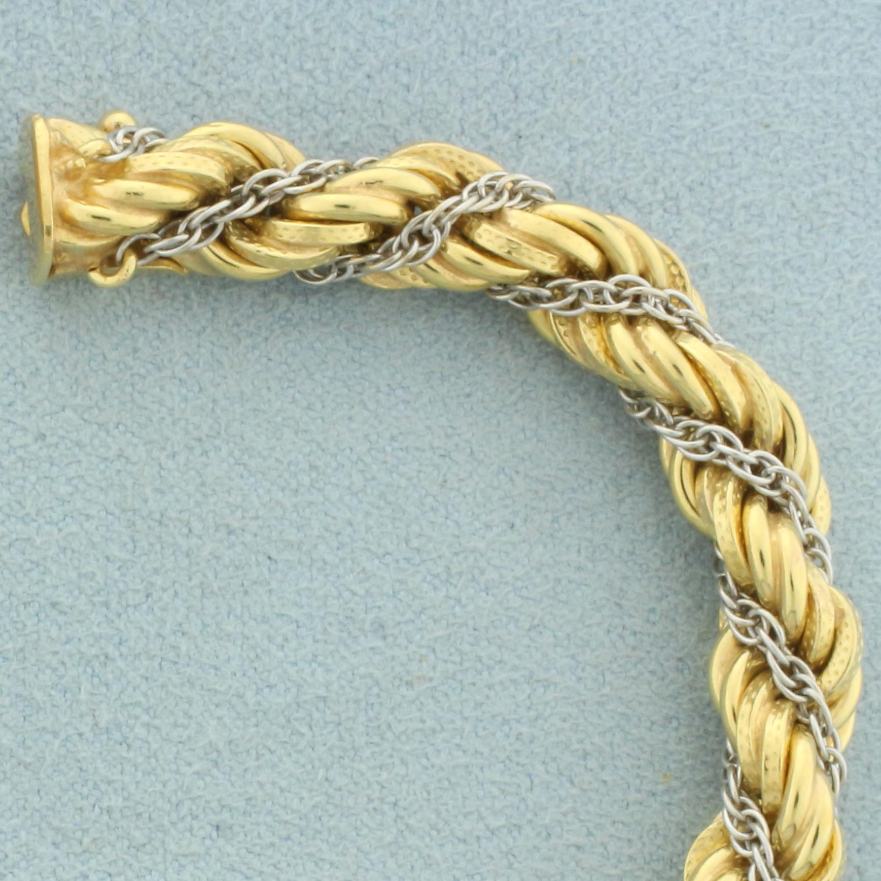 Italian Two Tone Rope Link Bracelet In 18k Yellow And White Gold