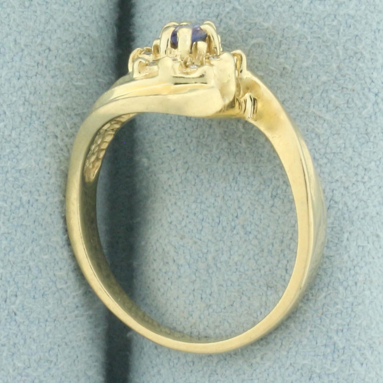 Tanzanite And Diamond Flower Bypass Ring In 14k Yellow Gold