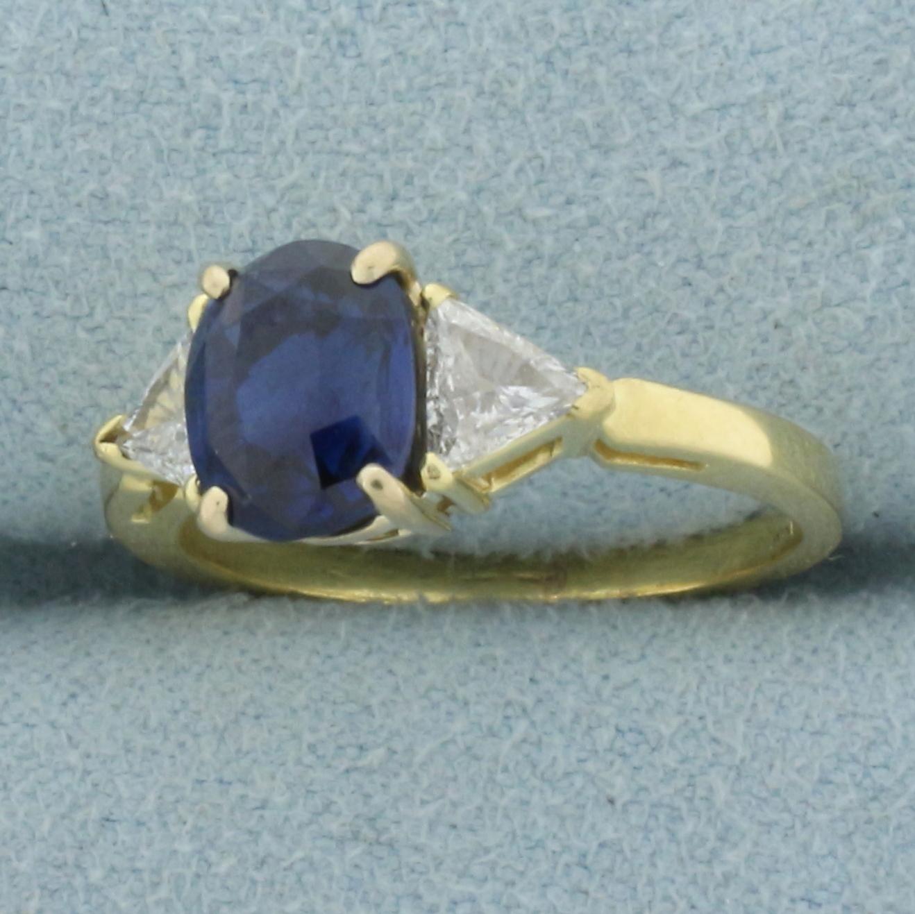 Aaa Sapphire And Trillion Diamond Ring In 18k Yellow Gold