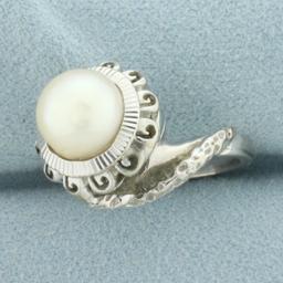 Unique Akoya Pearl Spiral Design Ring In 14k White Gold
