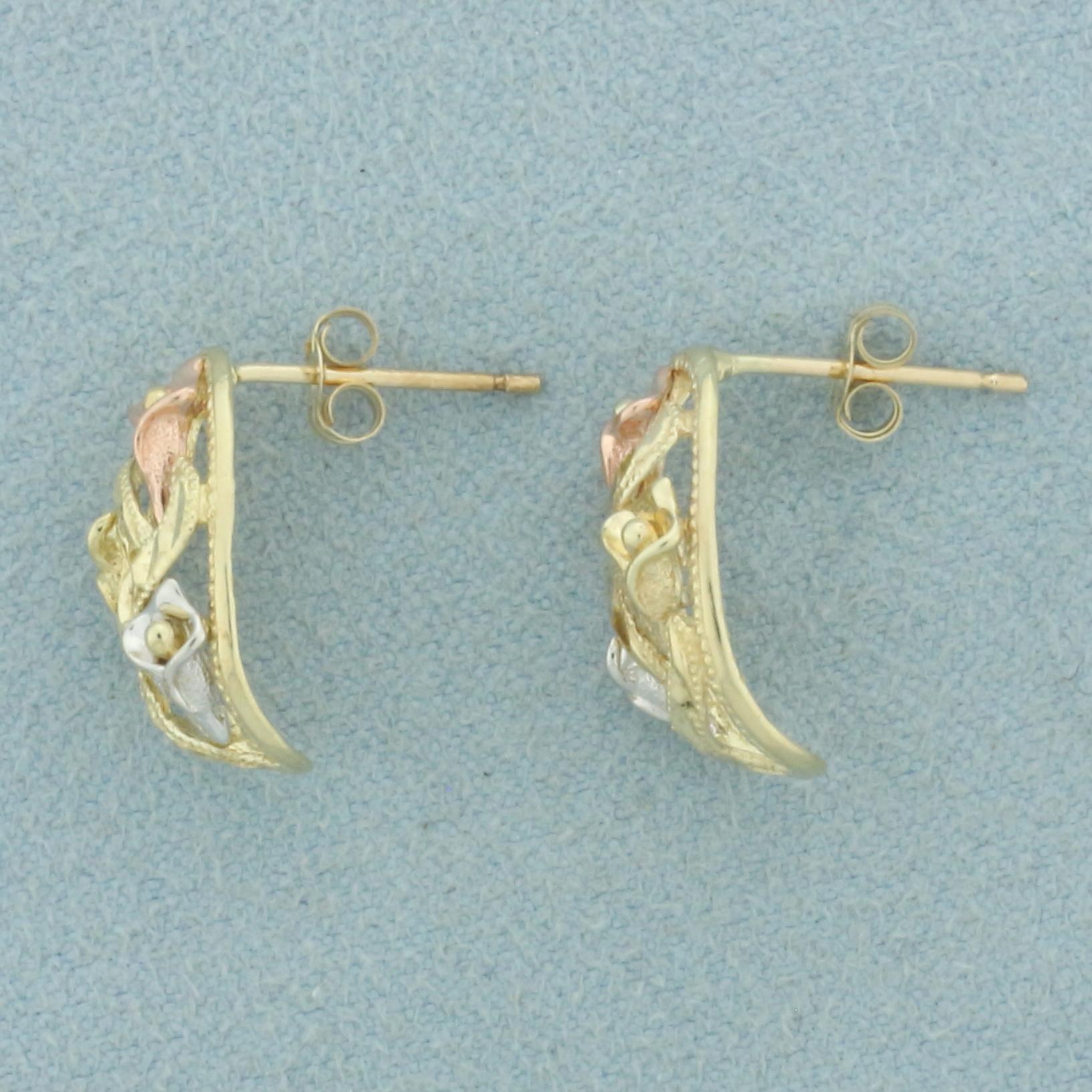 Tri Color Flower Design Diamond Cut Earrings In 10k Yellow, Rose, White Gold