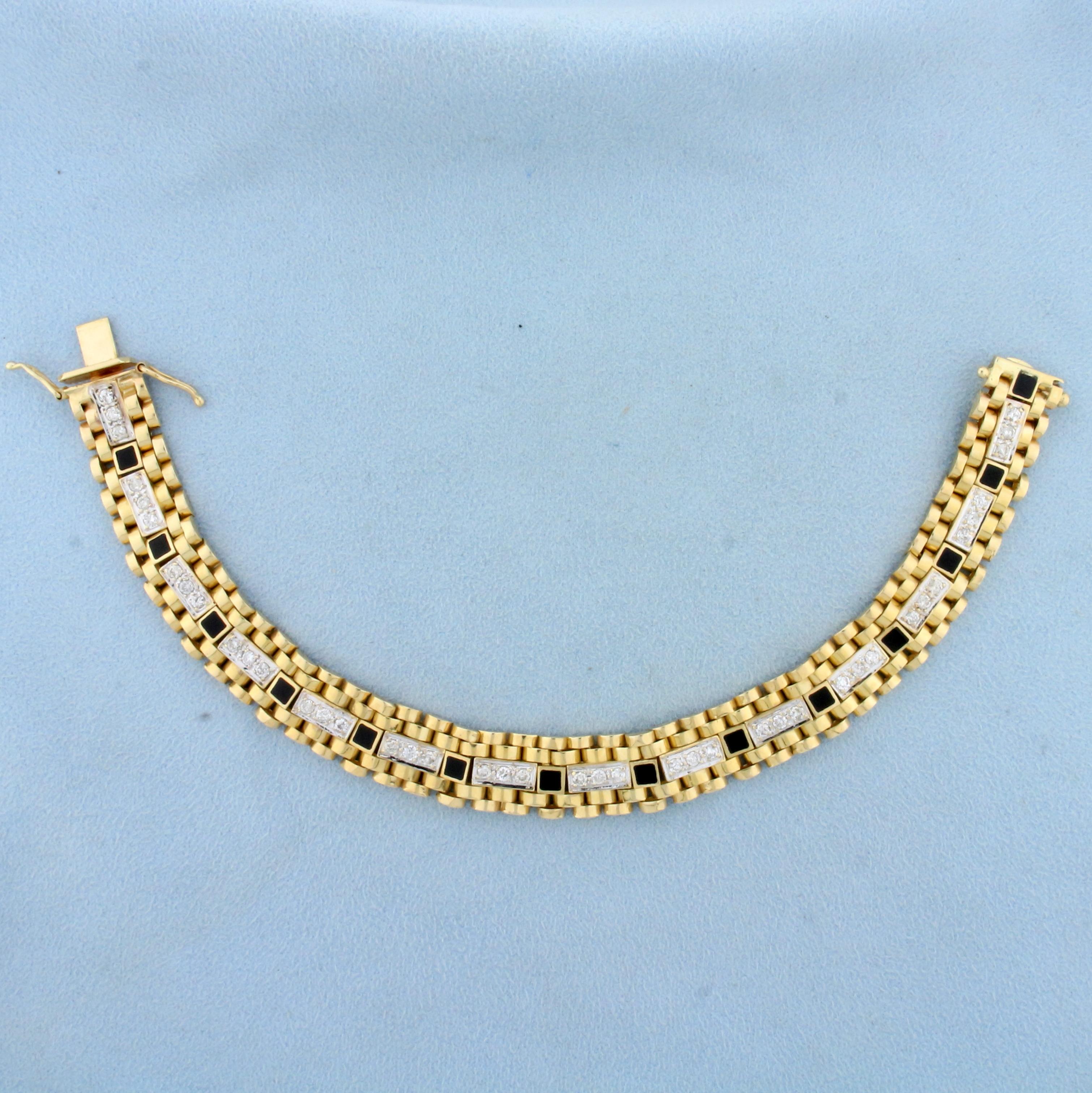Mens Heavy 2ct Diamond And Onyx Jubilee Style Bracelet In 14k Yellow Gold