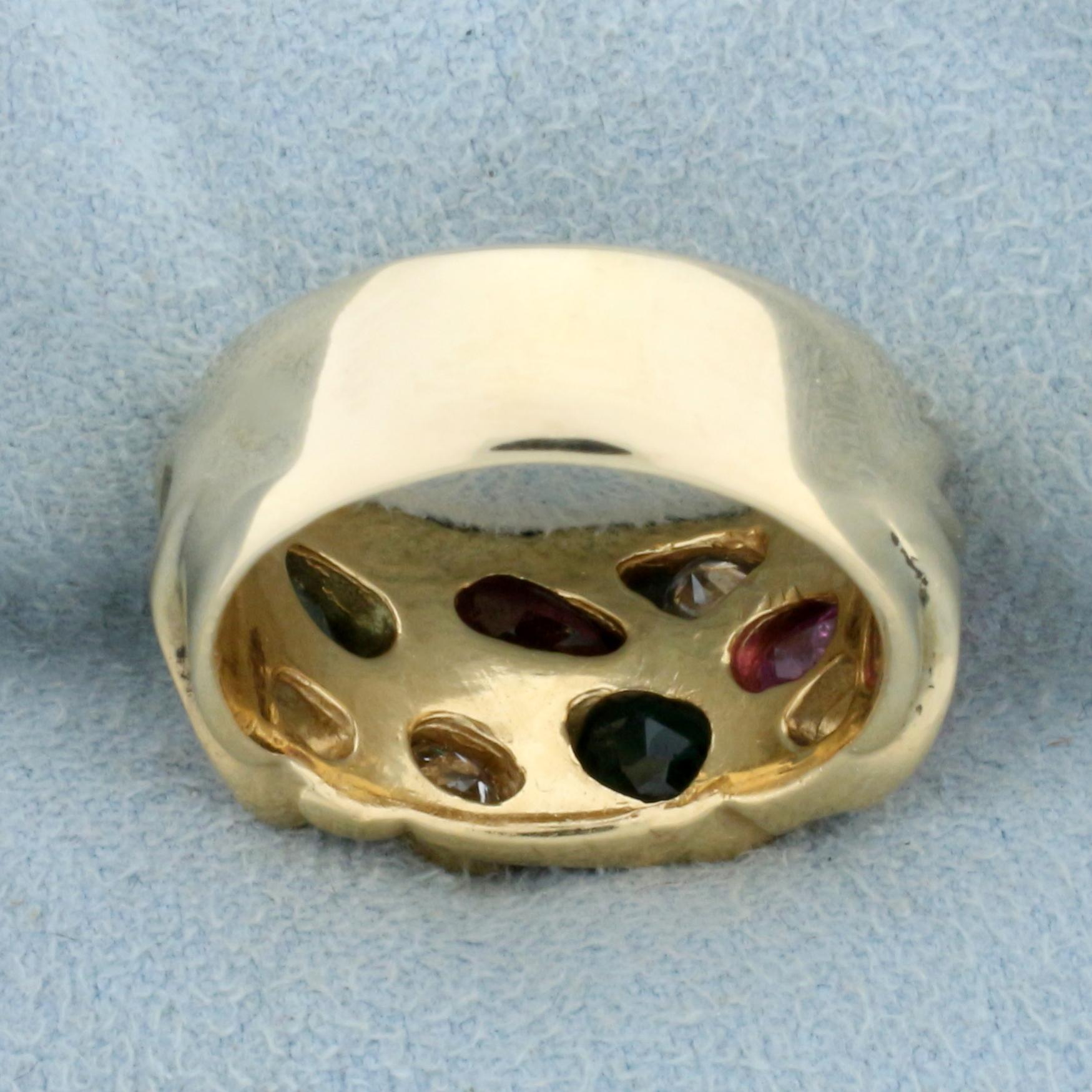 Emerald, Morganite, Diamond, And Rubellite Designer Ring In 14k Yellow Gold