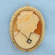Large Vintage Diamond Cameo Pendant Or Pin In 14k Yellow Gold
